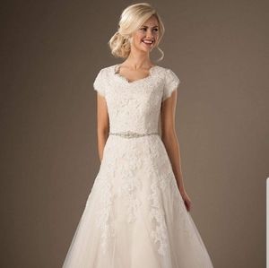 Lace Applique Beaded Button Wedding Dress
